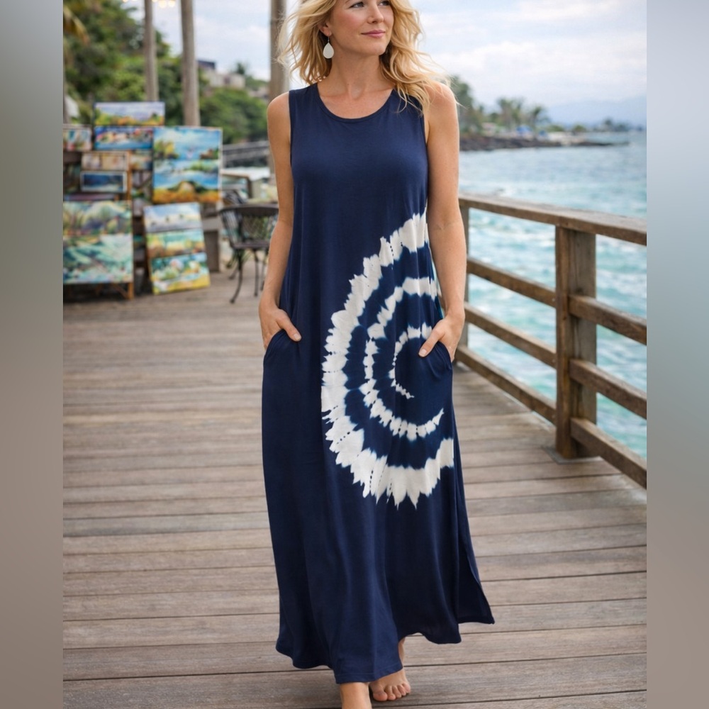 Navy Indigo Tie Dye Dress Sleeveless Coastal Boho Art Resort Travel Chic Size M